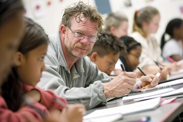 Poster - A lively classroom scene with a charismatic teacher interacting with students, creating an inspiring learning environment, Magazine Photography style