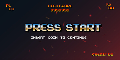 Aufkleber - PRESS START INSERT A COIN TO CONTINUE .pixel art .8 bit game.retro game. for game assets in vector illustrations.Retro Futurism Sci-Fi Background. glowing neon grid.and stars from vintage arcade comp