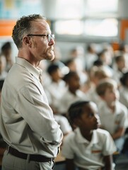 Poster - an educator passionately teaching a classroom full of attentive students, capturing the dynamic inte