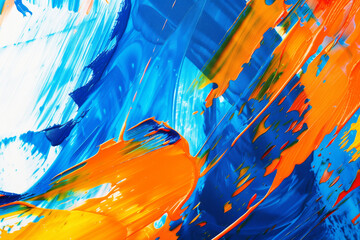 Poster - A close-up of vibrant blue and orange abstract paint strokes creating dynamic movement and energy on the canvas, showcasing artistic creativity.