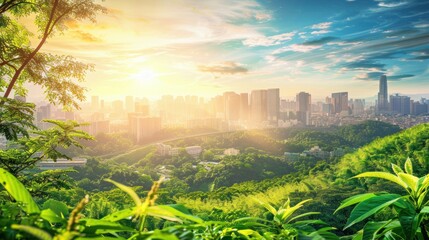 Poster - Urban Skyline Emerging from Verdant Forest at Sunset