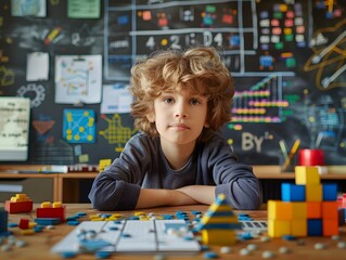 Poster - Curious Boy Engaged in Interactive Math Lesson with Digital Learning Tools