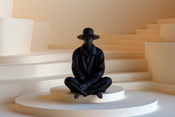 Sticker - Person in black clothing and hat sitting in a minimalist white room, embodying mystery and modern style.