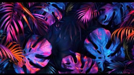  Tropical leaves in neon colors on black background, generative ai