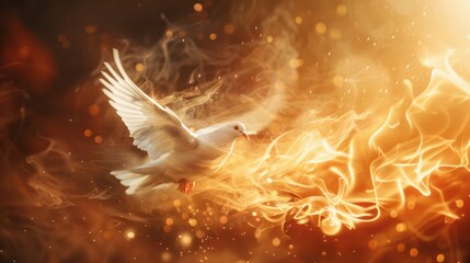 Winged dove in flames, a representation of the New Testament Holy Spirit with copy space