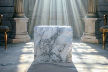 Poster - Marble cube under a ray of light in a grand hall, symbolizing strength and classical beauty.