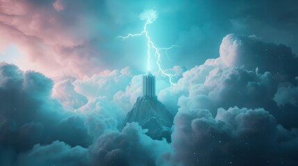 Wall Mural - A metaphorical representation of a digital fortress surrounded by dark clouds and lightning, symbolizing the ongoing battle against ransomware attacks and cybersecurity breaches.