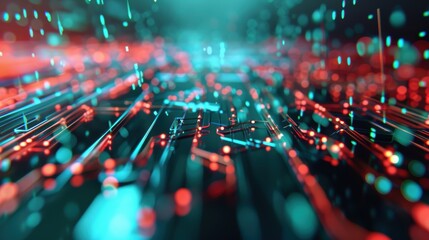 An abstract representation of hacking and cyber warfare, with digital elements and binary codes forming a complex network under attack.