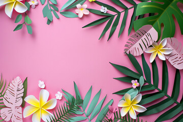 Wall Mural - 
Photo of a pink paper cut background with tropical leaves and flowers. A flat lay, top view. A minimal concept for a design template