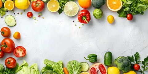 Wall Mural - Healthy Eating Top View of Fresh Fruits and Vegetables with Copy Space. Concept Healthy Eating, Fresh Fruits, Fresh Vegetables, Top View, Copy Space