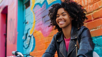 Wall Mural - Leaning on her bicycle, a young woman with a smartphone smiles radiantly, the colorful wall behind her adding to the lively atmosphere.