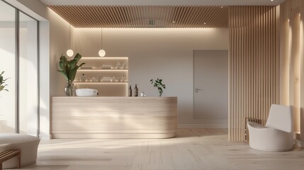 A skincare clinic reception area with a soothing ambiance and natural decor elements. 