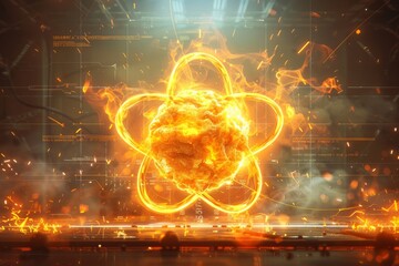 Canvas Print - Glowing atomic structure with fiery elements, representing scientific energy and innovation.