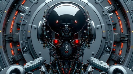 Poster - Futuristic 3D Robot with Intricate Metallic Details and Sleek Design Against Technological Background