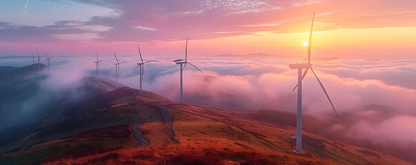 Wall Mural - Wind Farm Illuminated by First Light of Dawn in Majestic Mountain Landscape