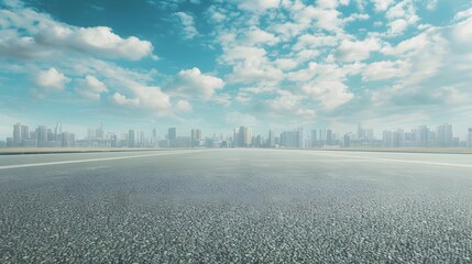 Empty wide asphalt road and city skyline. Side asphalt tarmac floor with buildings and modern cityscape. 