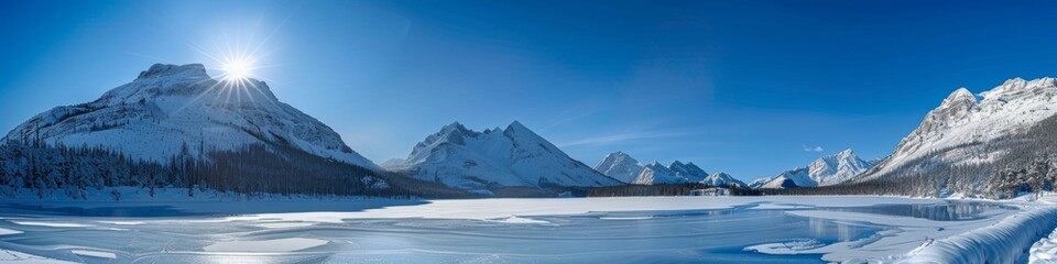 Wall Mural - Beautiful Winter Landscape with Snow-Covered Mountains and Frozen Lake Under Clear Blue Sky, Capturing the Essence of Seasonal Change, Holiday Getaways, and Natural Beauty for Stress Relief and Relaxa