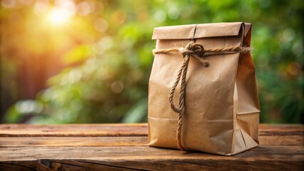 Wall Mural - Brown paper coffee bag with crinkled texture and rope tie on wooden table against blurred natural background elements.