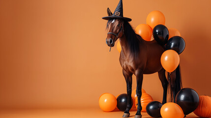 beautiful horse in witch hat with black and orange balloons for halloween on orange studio background with space for text