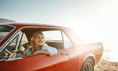 Poster - Woman, happy and car travel or outside in summer, weekend break and road trip or cross country journey in America. Relax, vehicle and carefree holiday with driver in sunshine, explore and adventure