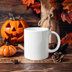 white coffee mugs on a shelf with Halloween-Mug-Pumpkin. Perfect for businesses selling mugs, just overlay your quote or design on to the image