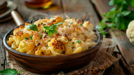 Wall Mural - A steaming bowl of macaroni and cheese topped with golden-brown roasted cauliflower on a rustic wooden table