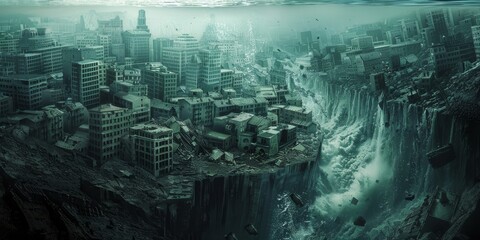 Wall Mural - A city is destroyed by a flood, with buildings and debris floating in the water generated by AI