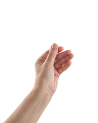 Wall Mural - empty mid aged woman hand to hold something with fingers isolated on white