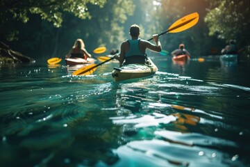 Friends Paddling on Calm River with Vibrant Water Reflections and Professional Lighting