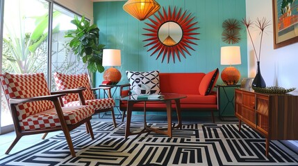 Sticker - Mid-Century Modern: Sleek furniture, bold colors, and geometric patterns.