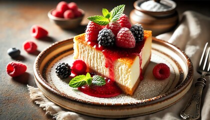 Wall Mural - A slice of cheesecake on a ceramic plate with a golden-brown crust, topped with a layer of raspberry sauce, fresh raspberries