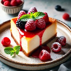 Wall Mural - A slice of cheesecake on a ceramic plate with a golden-brown crust, topped with a layer of raspberry sauce, fresh raspberries