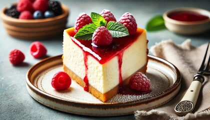 Wall Mural - A slice of New York cheesecake on a ceramic plate with a golden-brown crust. The cheesecake is topped with a layer of raspberry sauce, fresh raspberries