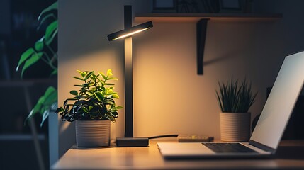 Canvas Print - Desk Setup with a Laptop and Plants under a Warm Light