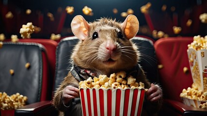 Wall Mural - Rat in cinema enjoying popcorn.