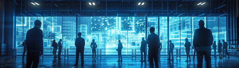 Poster - Silhouetted figures in a high-tech, futuristic room with a large digital screen displaying a complex data network.
