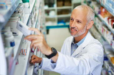 Poster - Shelf, pharmacy and stock in clinic with man, wellness and service for retail or prescription. Happy, doctor and inventory for pills or supplements in hospital and inspection for information of label