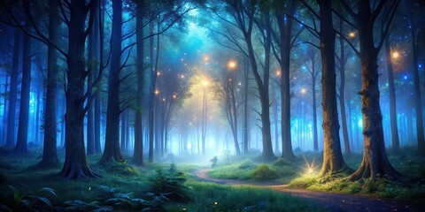 Poster - of a mysterious secret forest at night, with a landscape background, mysterious, secret, forest, night,landscape, trees