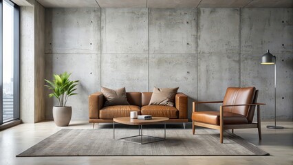 Poster - Minimal and modern living room with concrete coffee table and leather chair , minimal, modern, living room