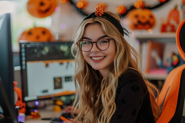 Wall Mural - Young Woman with Long Wavy Blonde Hair and Glasses Smiling in a Festively Decorated Halloween-Themed Room