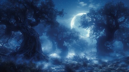 Wall Mural - A serene night scene in a forest, with the moon casting a soft glow on the landscape.