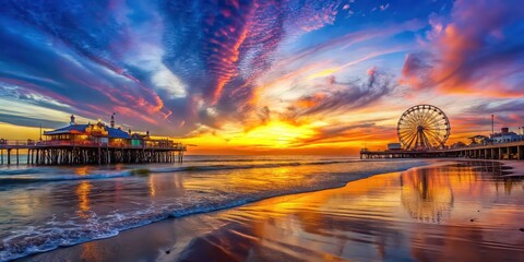 Wall Mural - Panoramic view of colorful sunset over Santa Monica Pier, sunset, panoramic, view, ocean, water, beach, Santa Monica Pier