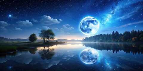 Canvas Print - Night landscape with a bright moon shining down on a serene scene , moon, night, landscape, sky, stars, dark, peaceful, tranquil