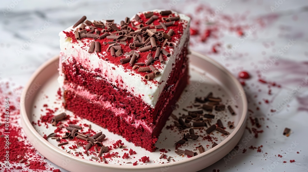 Red velvet cake in the shape of a heart with chocolate shavings, valentine dessert, decadent treat
