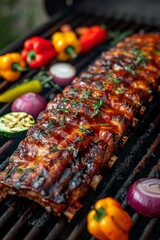 Wall Mural - Ribs with Vegetables: BBQ ribs on the grill alongside colorful vegetables like bell peppers, onions, and zucchini.