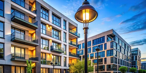 Poster - Modern residential building with sleek design and stylish street lamp in a vibrant urban neighborhood