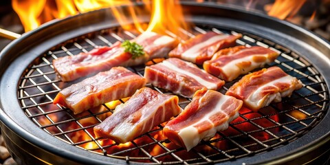 Wall Mural - Samgyeopsal grilling on a fire pit , samgyeopsal, Korean barbecue, grilling, fire pit, charcoal, pork belly