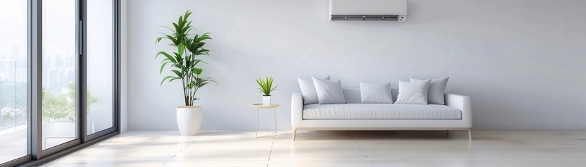 Sticker - Modern Living Room Interior with White Sofa and Air Conditioner.