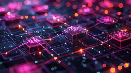 A visual representation of a decentralized application network with glowing nodes and connections.