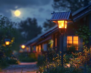 Canvas Print - Glowing Solar Powered Streetlights Illuminate Peaceful Eco Friendly Neighborhood at Night